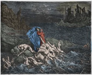 Inferno, Canto 7: Virgílio mostra Dante as almas do irado no Styx, ilustração da Divina Comédia por Dante Alighieri, 1885 (gravura digital colorida)